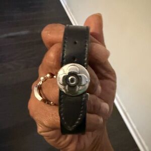 Louis Vuitton Black Leather Bracelet with Silver Floral Detail